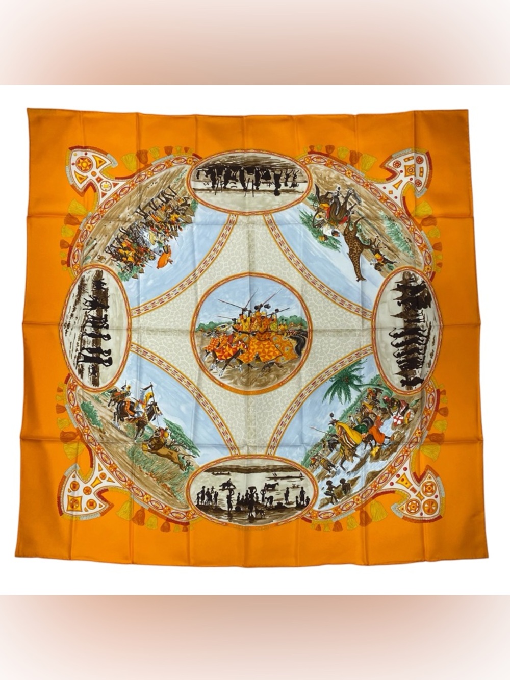 Hermes Silk Scarf Cavaliers Peuls Vintage Carre 90 J.de Fougerolle Orange